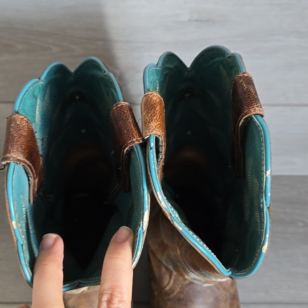 Sold Ariat Women 10008017 Brown & Teal Western Boots Square Toe Shoes Sz 9B - Picture 6 of 16